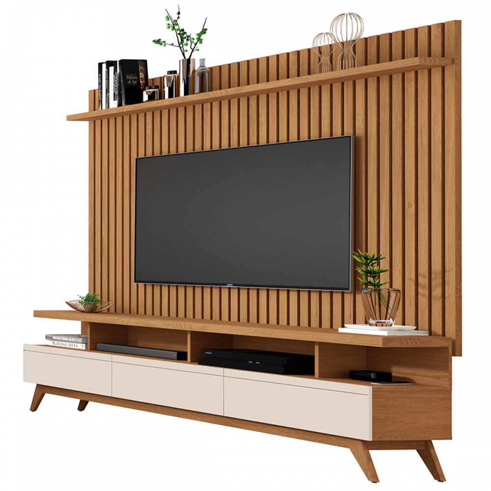 Rack com Painel para TV Até 72 Polegadas Vivare Wood Classic 3 Gavetas