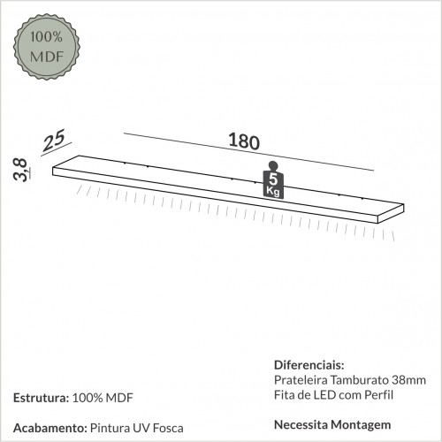 Prateleira com Fita Led 180cm Basic Freijó - Dalla Costa