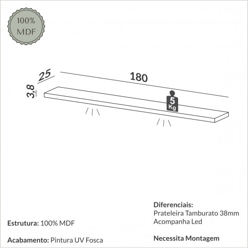 Prateleira com Led 180cm Basic Freijó - Dalla Costa