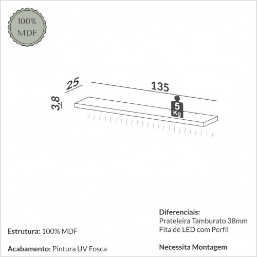 Prateleira com Fita Led 135cm Basic Freijó - Dalla Costa