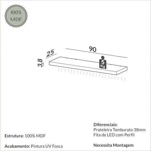 Prateleira com Fita Led 90cm Basic Freijó - Dalla Costa