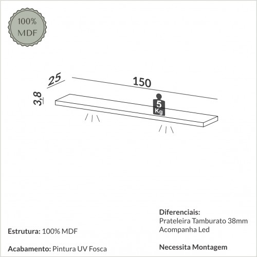 Prateleira com Led 150cm Basic Fendi - Dalla Costa