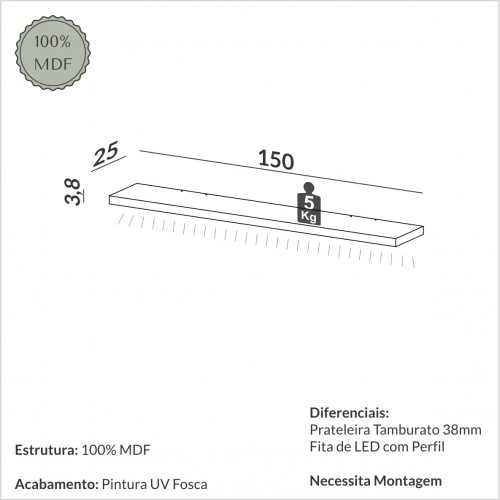 Prateleira com Fita Led 150cm Basic Fendi - Dalla Costa