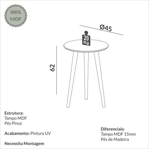 Mesa de Canto Redonda 45cm Lisboa Off White/Freijó