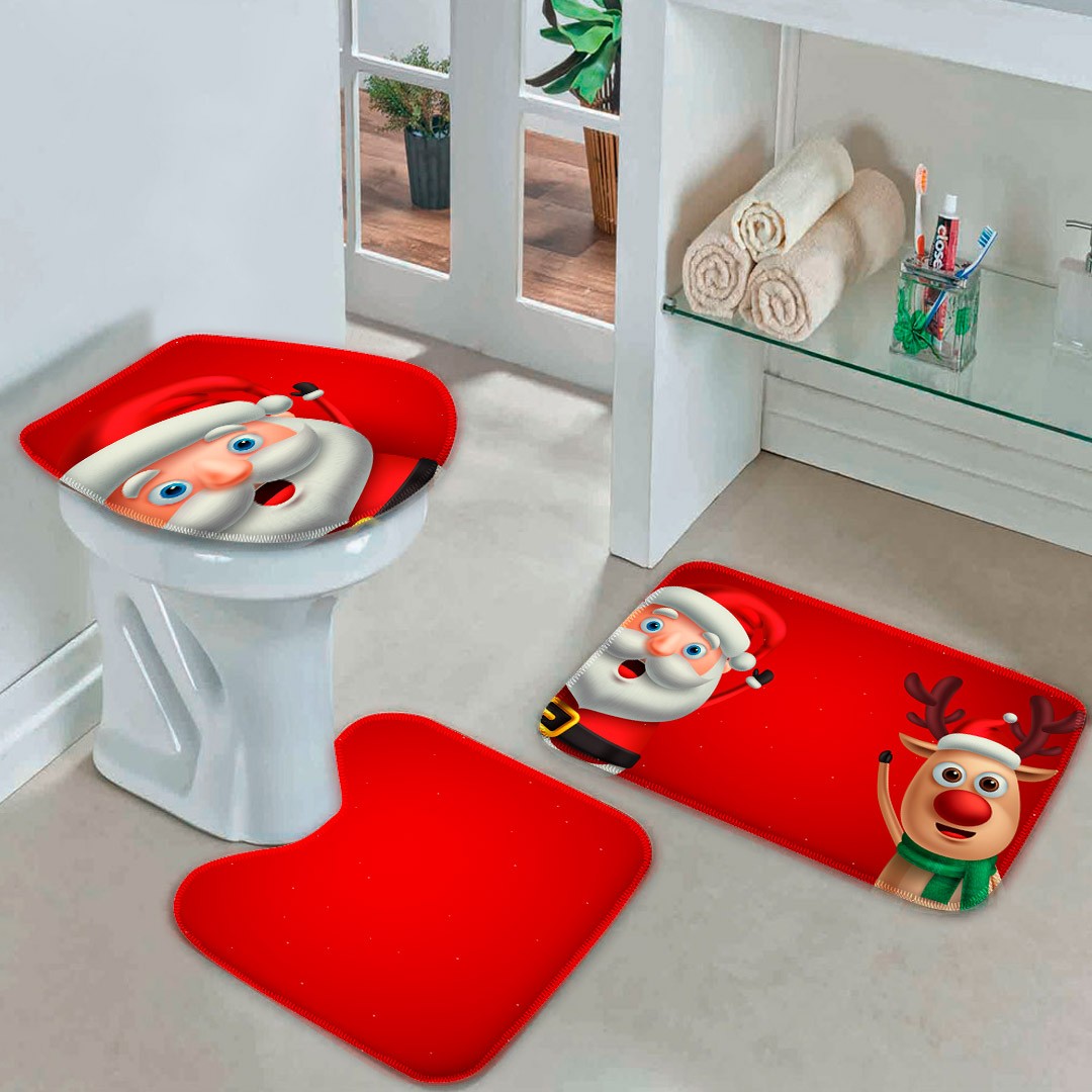 Jogo Tapetes de Natal para Banheiro Papai Noel Vermelho
