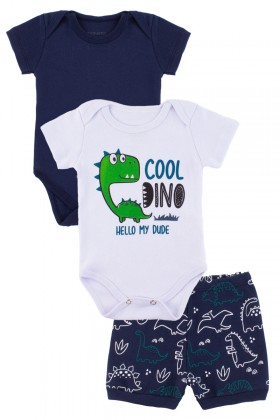 Kit Body de Bebê Masculino Cool Dino Branco - Pequeno Big Amor