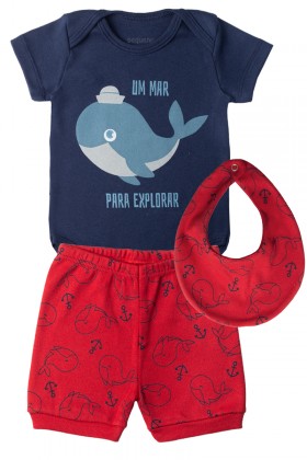Kit Body de Bebê Masculino Baleia Marinho - Pequeno Big Amor