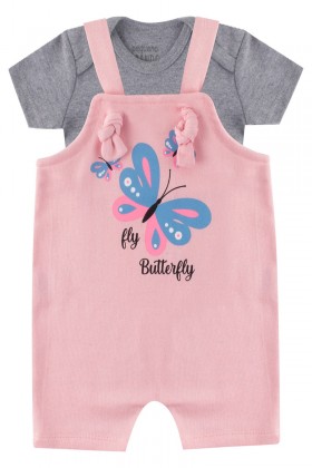 Macacão Jardineira + Body de Bebê Feminino Butterfly Rosa - Pequeno Big Amor