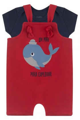 Macacão Jardineira + Body de Bebê Masculino Whale Vermelho - Pequeno Big Amor