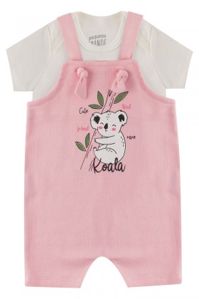 Macacão Jardineira + Body de Bebê Feminino Koala Rosa - Pequeno Big Amor