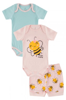 Kit Body de Bebê Feminino Bee Happy Rosa - Leninha Baby