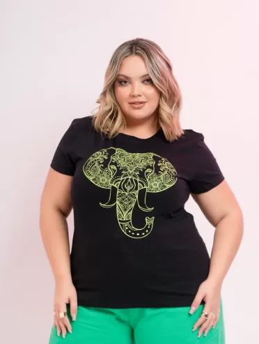 Camiseta Plus Size Feminina de Algodão Estampada Elefante