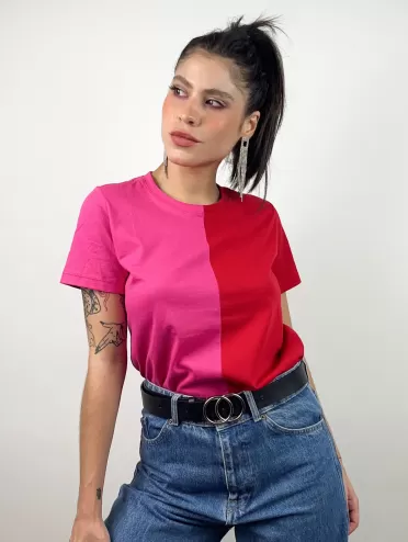 Camiseta Feminina de Algodão Bicolor Pink e Vermelho