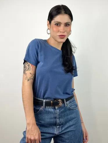 Camiseta Feminina Estonada Lisa Manu Azul Jeans