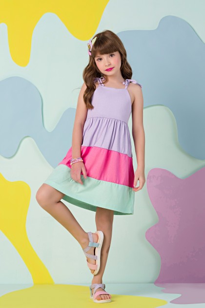 Vestido Feminino Infantil Tricolor Lilás