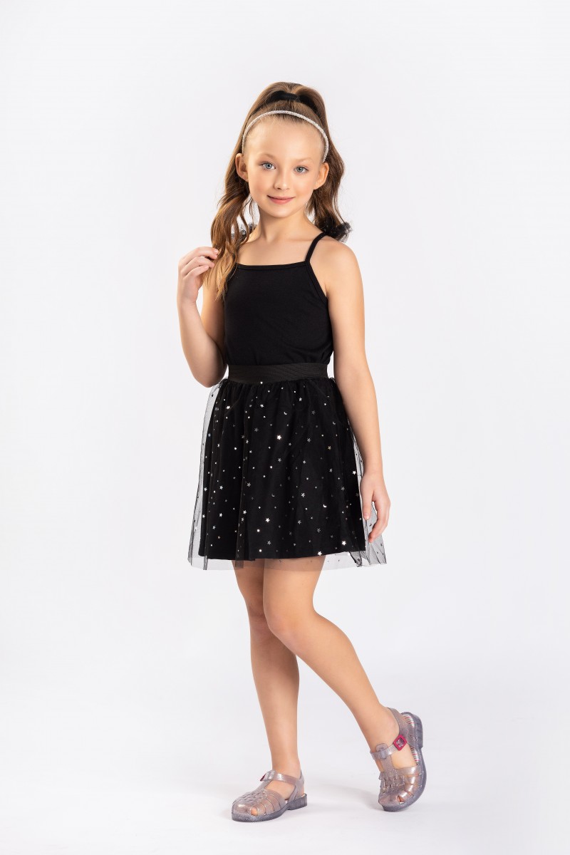 Vestido Infantil Preto com Tule sobre a Saia - Meninas 1 a 10 anos - Preto