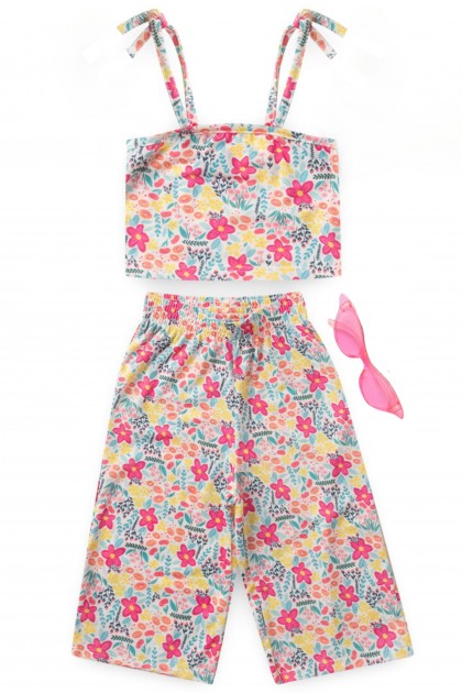 Conjunto Feminino Infantil Pantacourt Floral com óculos