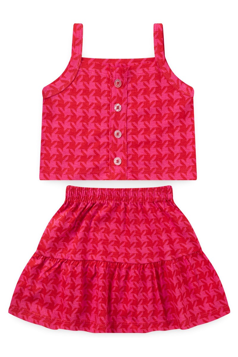 Conjunto Infantil Menina Xadrez com Textura Rosa - Alakazoo