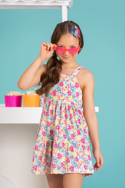 Vestido Feminino Infantil Florido com óculos