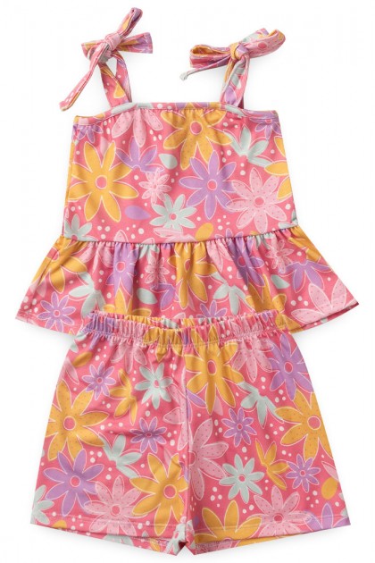 Conjunto Romper Flora Xadrez Rosa - TRÉSS KIDS