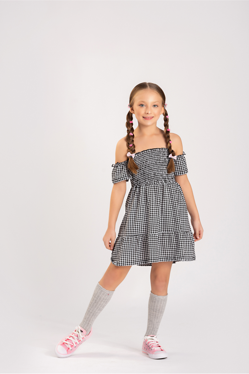 Vestido Infantil Xadrez Preto com Faixa na Cintura - Big Bless