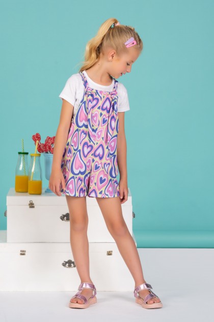 Conjunto Infantil Feminino Salopete Corações