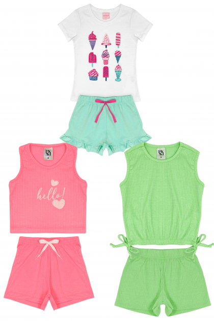 Kit Sortido 6 Peças de Roupas Infantil Menina Verão - 3 Camisetas + 3 Bermudas Ou Vestidos