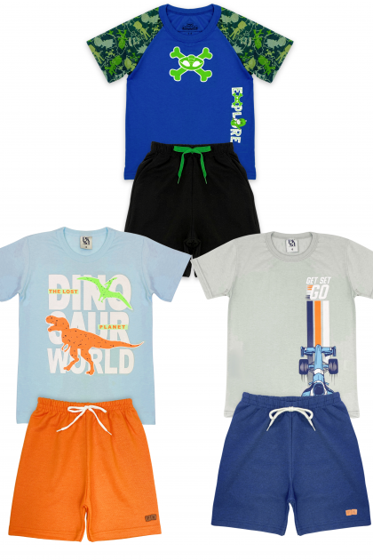 Kit Sortido 6 Peças de Roupas Bebê Menino Verão - 3 Camisetas + 3 Bermudas