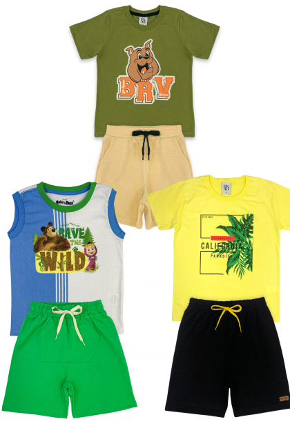 Kit Sortido 6 Peças de Roupas Bebê Menino Verão - 3 Camisetas + 3 Bermudas