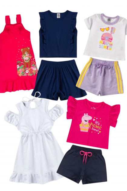 Kit Sortido 10 Peças de Roupas Infantis Bebês Meninas Verão - 5 Camisetas + 5 Bermudas