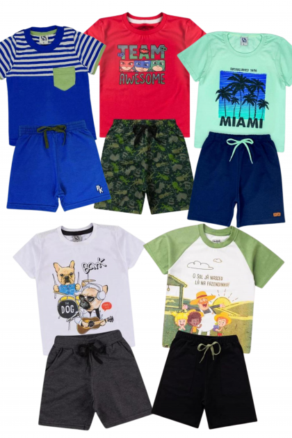 Kit Sortido 10 Peças de Roupas Infantis Bebês Meninos Verão - 5 Camisetas + 5 Bermudas