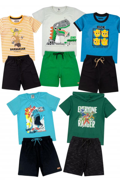 Kit Sortido 10 Peças de Roupas Infantis Bebês Meninos Verão - 5 Camisetas + 5 Bermudas