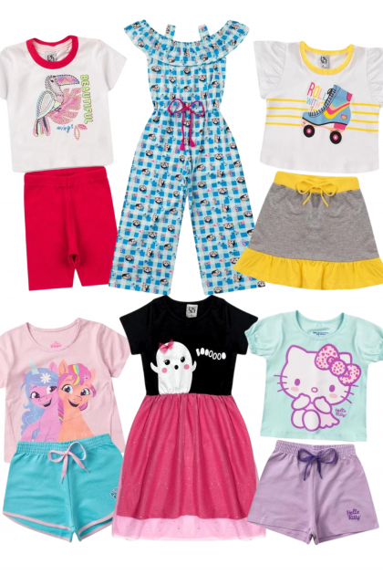 Kit Sortido 12 Peças de Roupas Infantis Menina Bebê Verão - 6 Camisetas + 6 Bermudas