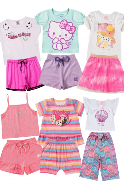 Kit Sortido 12 Peças de Roupas Infantis Menina Bebê Verão - 6 Camisetas + 6 Bermudas