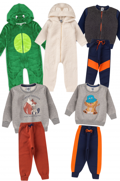 Kit Sortido 10 Peças de Roupas Infantis Menino Bebê Inverno - 5 Casacos + 5 Calças