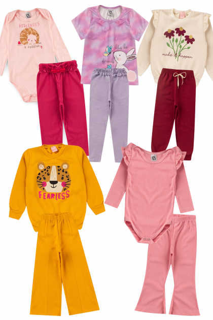 Kit Sortido 10 Peças de Roupas Infantis Menina Bebê Inverno - 5 Casacos + 5 Calças