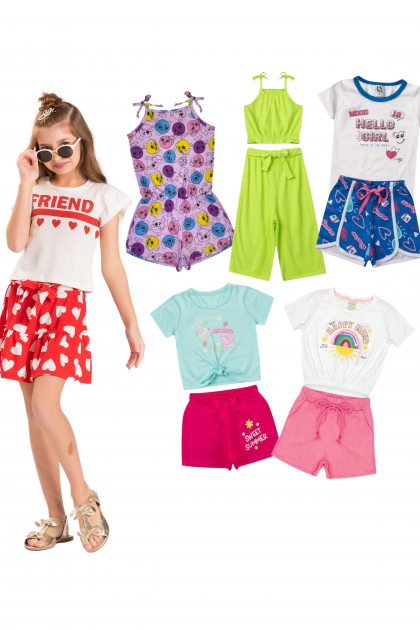 Kit Sortido 10 Peças de Roupas Infantis Feminina Verão - 5 Camisetas + 5 Bermudas