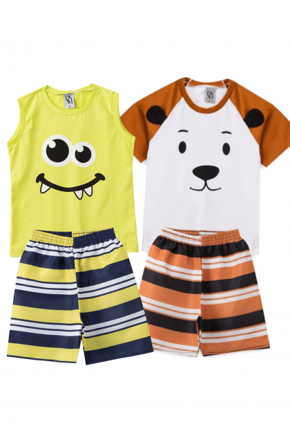 Kit Sortido 4 Peças de Roupas Infantis Menino Bebê Verão- 2 Camisas + 2 Shrots