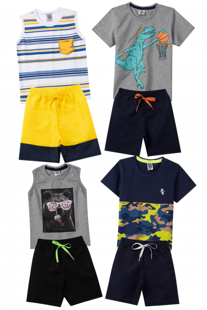 Kit Sortido 8 Peças de Roupas Infantis Masculino Verão- 4 Camisas + 4 Shorts