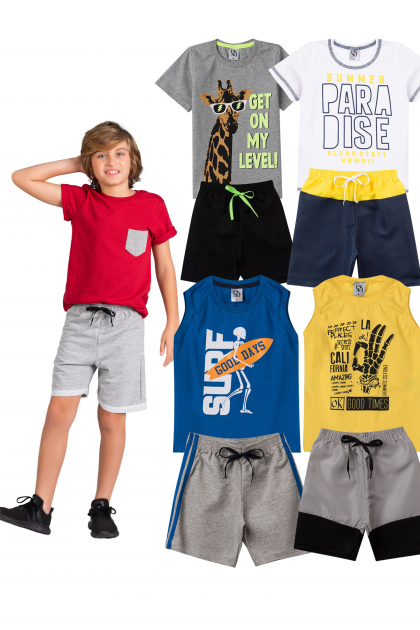 Kit Sortido 8 Peças de Roupas Infantis Masculino Verão- 4 Camisas + 4 Shorts