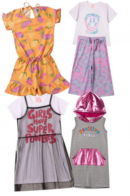 Kit Sortido 8 Peças de Roupas Infantis Menina Bebê Verão- 4 Camisas + 4 Shorts/Saia