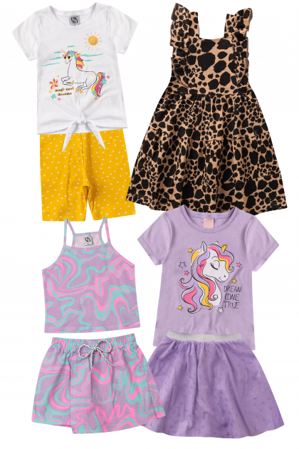 Kit Sortido 8 Peças de Roupas Infantis Menina Bebê Verão- 4 Camisas + 4 Shorts/Saia