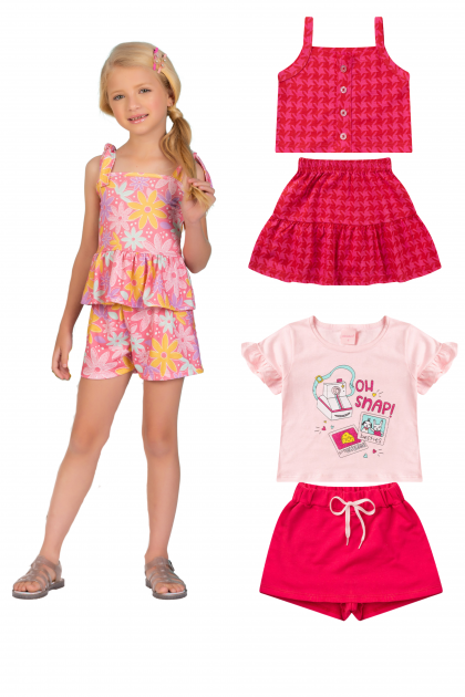 Kit Sortido 2 Peças de Roupas Infantil Feminino Verão- 1 Camisas + 1 Shorts