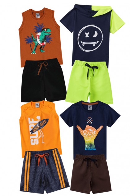 Kit Sortido 8 Peças de Roupas Infantis Menino Bebê Verão- 4 Camisas + 4 Shorts