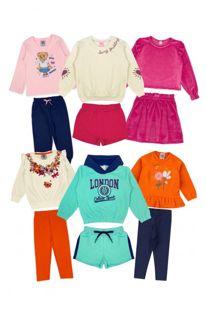 Kit Sortido 12 Peças de Roupas Infantis Menina Bebê Inverno - 6 Casacos + 6 Calças