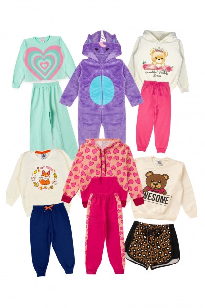 Kit Sortido 12 Peças de Roupas Infantis Menina Bebê Inverno - 6 Casacos + 6 Calças