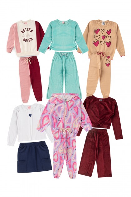 Kit Sortido 12 Peças de Roupas Infantis Feminino Inverno - 6 Casacos + 6 Calças