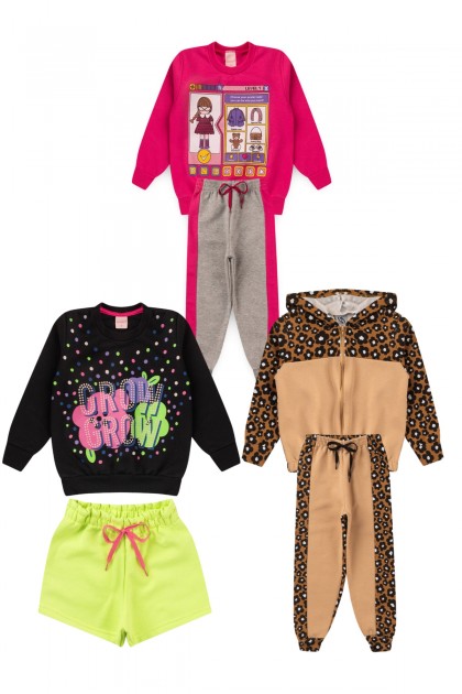 Kit Sortido 6 Peças de Roupas Infantis Feminino Inverno - 3 Casacos + 3 Calças