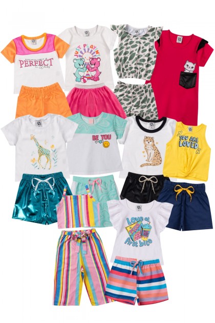 Kit Sortido 20 Peças de Roupas Infantis Feminino Verão- 10 Camisas + 10 Shorts/Saia