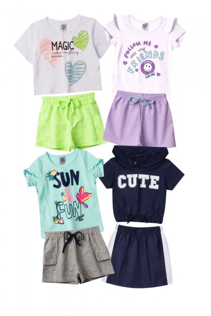 Kit Sortido 8 Peças de Roupas Infantis Feminino Verão- 4 Camisas + 4 Shorts/Saia